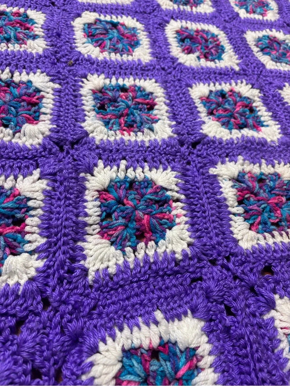 Vintage crocheted purple granny square handmade afghan throw blanket dopamine